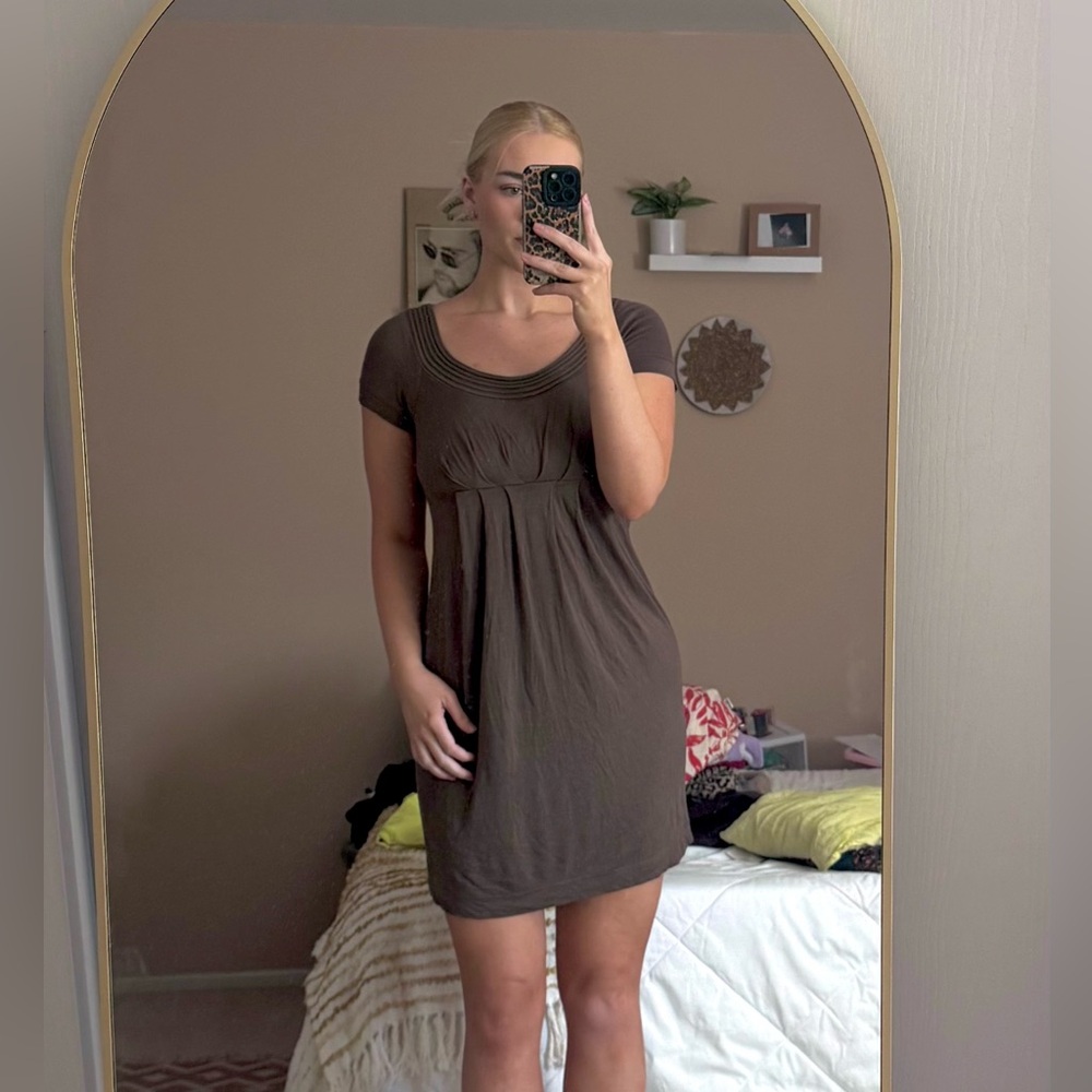 Forever 21 Brown Short Sleeve Empire Waist Mini Dress